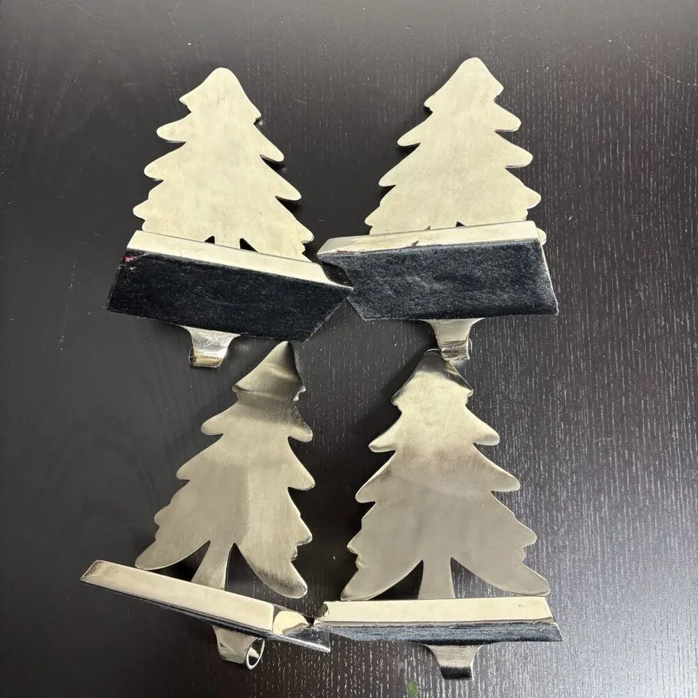 CRATE & BARREL Lot 4 Silver Tone Metal Christmas Tree Stocking Hangers/Holders